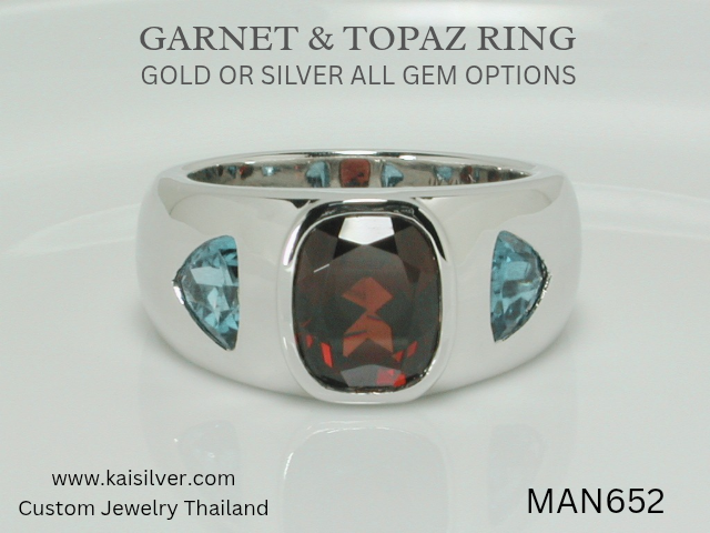 garnet ring for men with blue topaz