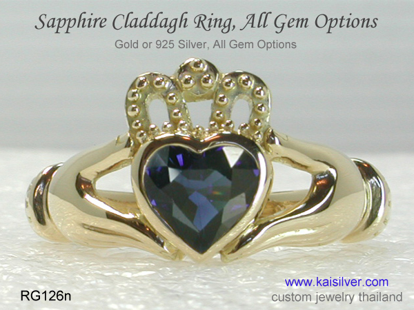 blue sapphire claddagh ring 