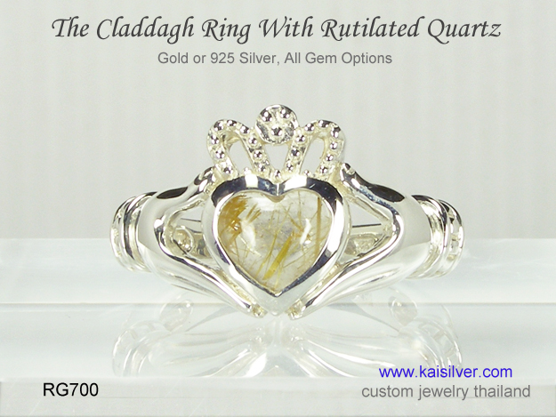 claddagh ring with rutile in quartz gem
